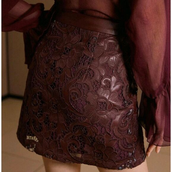 Bordeaux Lace & Faux Leather Mini Skirt | High-Waist Textured Overlay Skirt - Picture 2 of 6